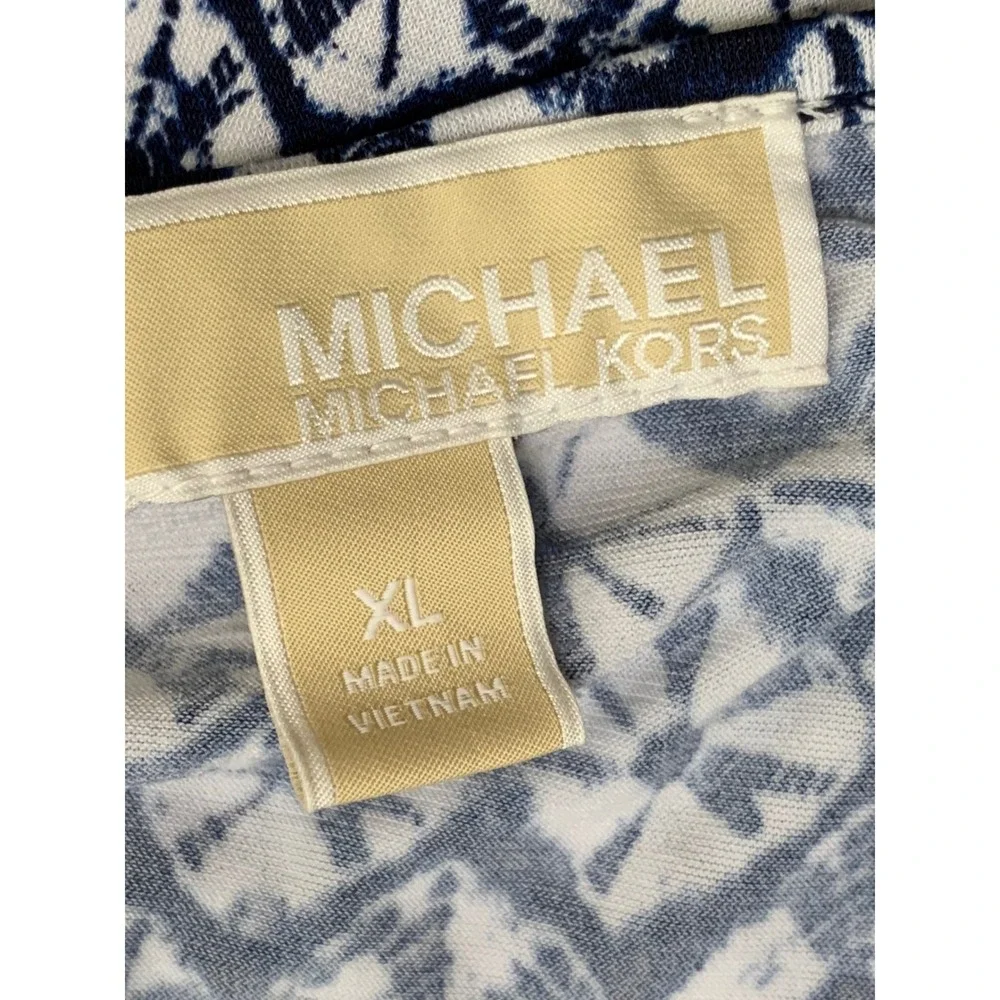 Michael Kors Women's Navy Blue White Geometric Keyhole Tie Neck Blouse Top XL